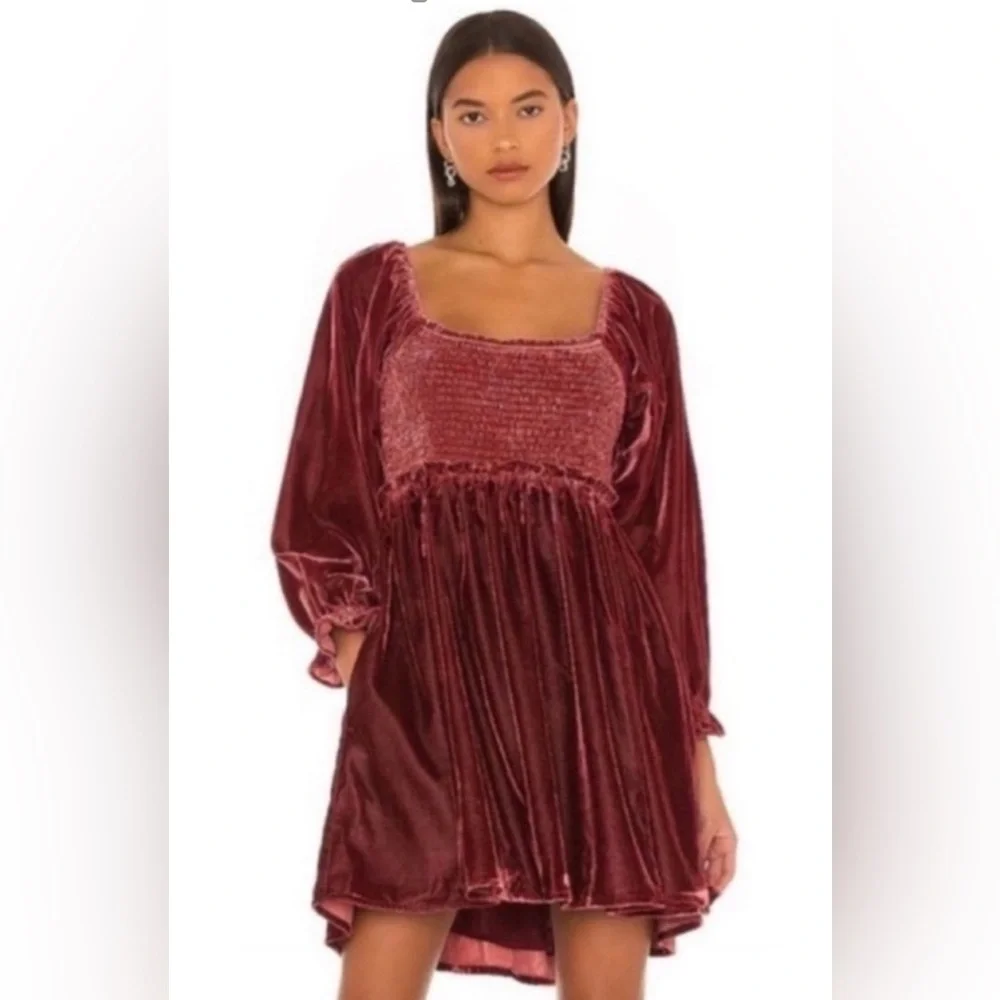 Free People Women’s Daphne Boho Velvet Mini Dress in Roan Rouge Sz Small Fall